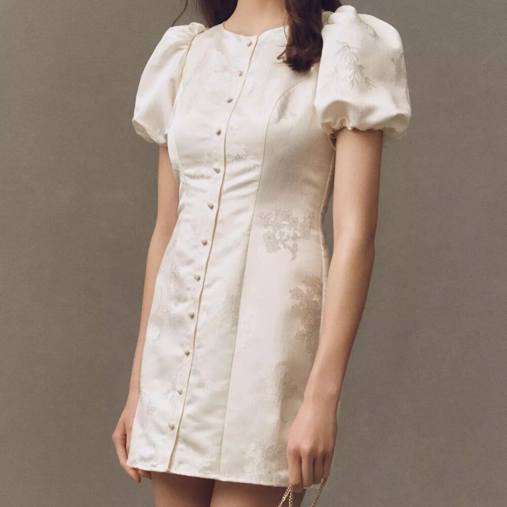 Hutch Puff-Sleeve Jacquard Button-Front Mini Dress –Ivory, Size XS